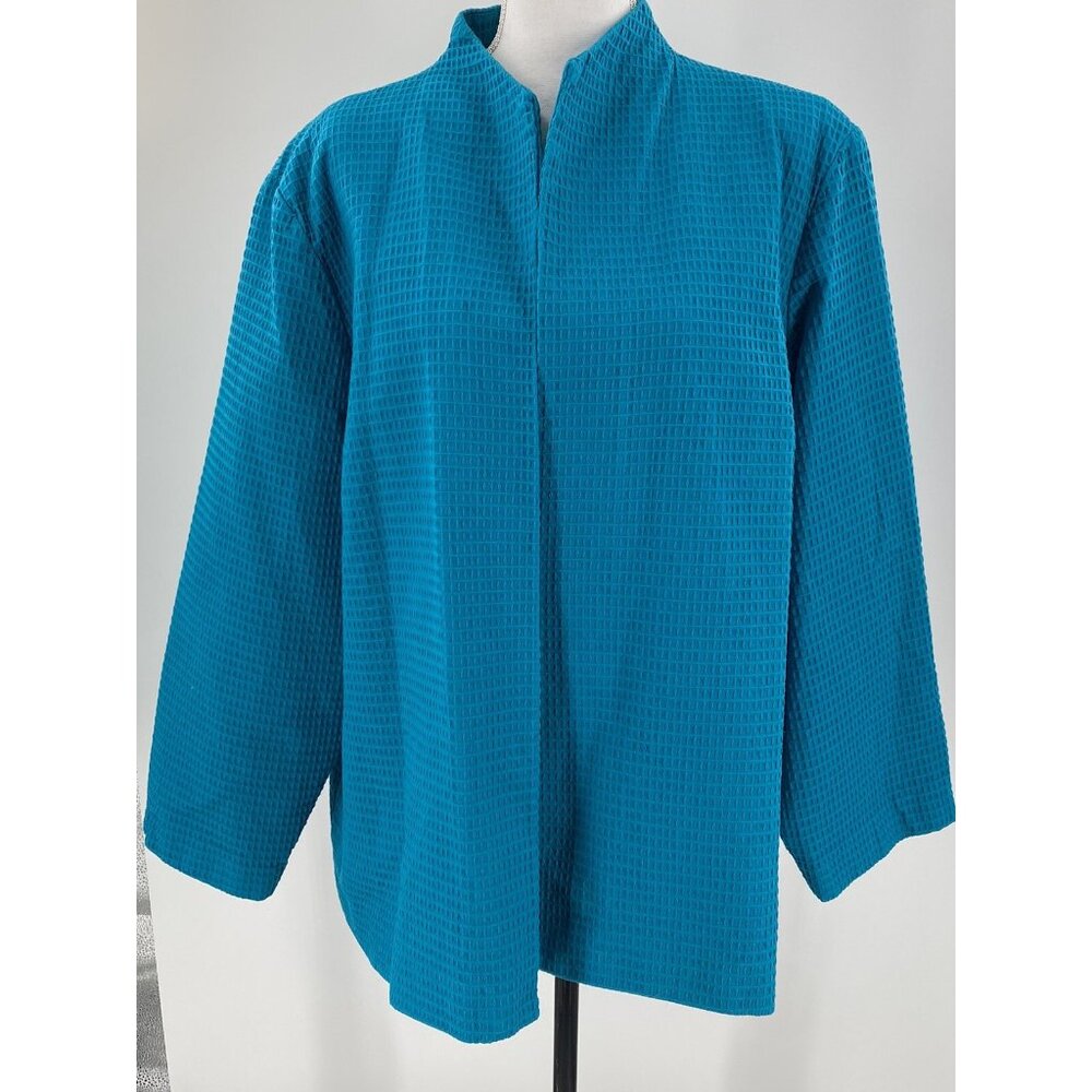 Dialogue Jacket Open Front Turquoise Textured Long Sleeve Lined Cotton Spring 3x